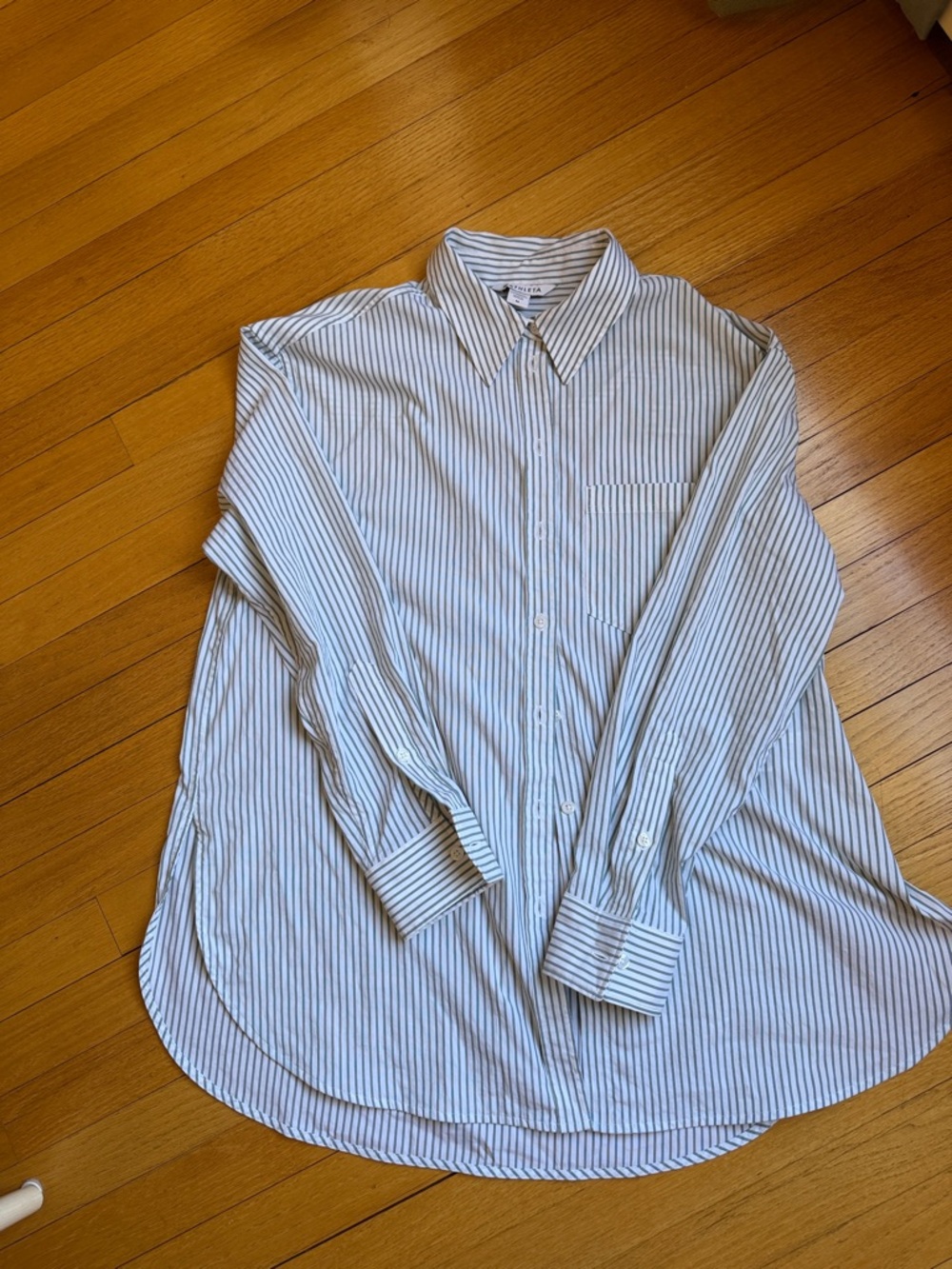 Athleta Oversized White and Green Vertical-Stripe Button-Down Shirt